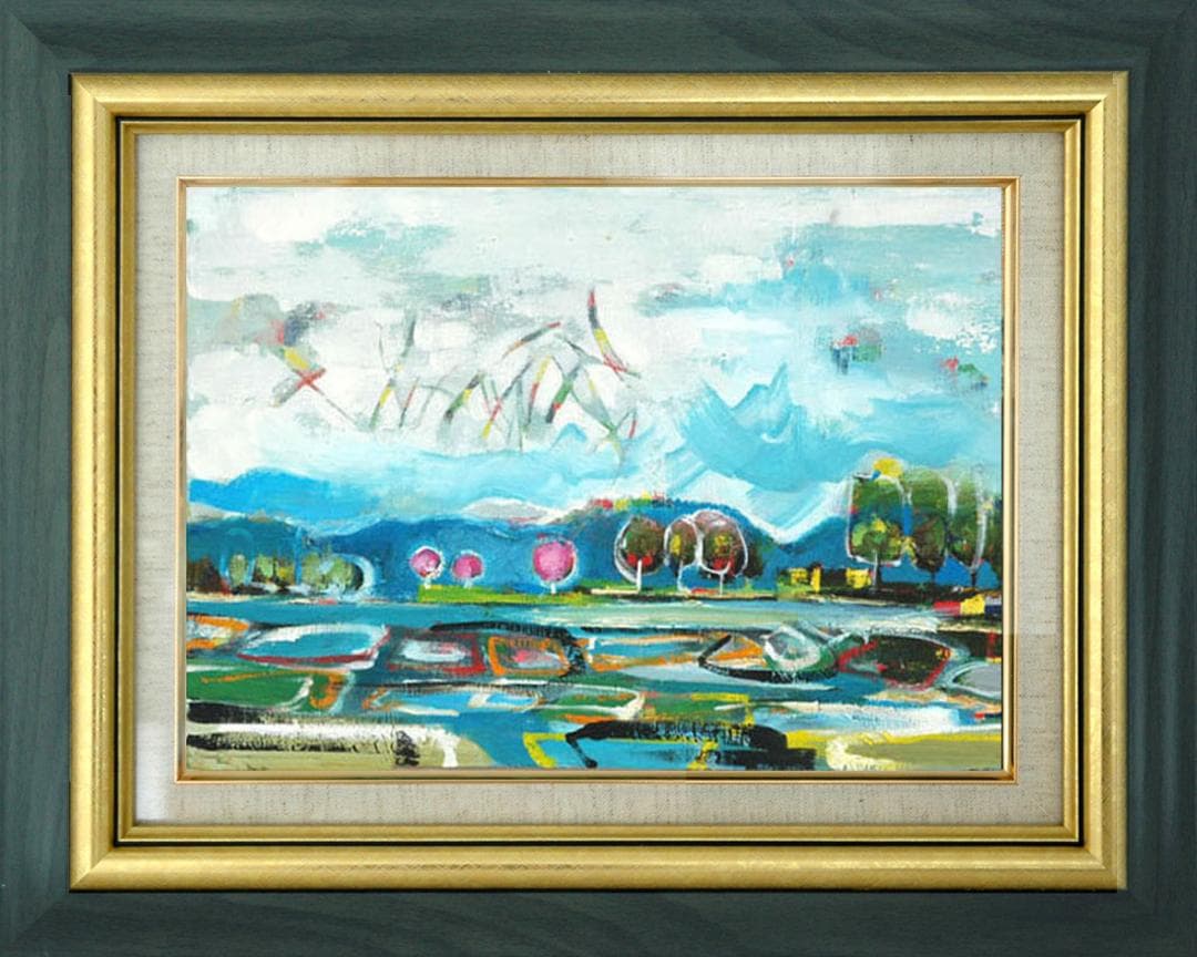 油絵 菅家令子 絵 絵画インテリア額付(青緑＋金色の枠)uF6-063003風景 油絵 菅家令子 絵 絵画インテリア額付(青緑＋金色の枠) F4-071012女性