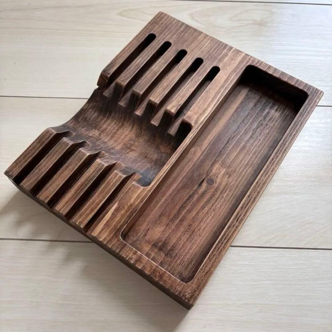 木製 シザースタンド シザートレー シザーケース ハサミ5丁 台皿