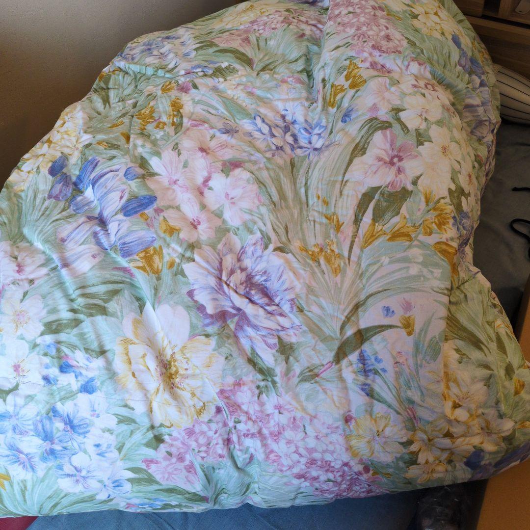 【お値下げしました】花柄水鳥羽毛掛け布団 150x210cm ブルー系 西川 マザーグース93％ ハンガリー産 羽毛布団 高品質 ダウンパワー