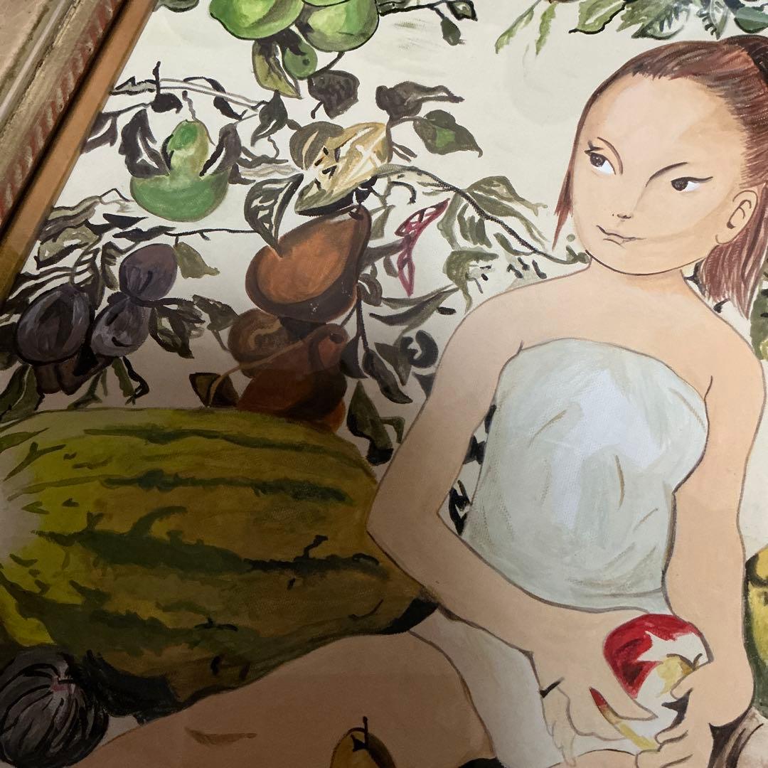 藤田嗣治 肉筆 油彩画 果物と少女 （市場では模写）藤田嗣治と東郷青児