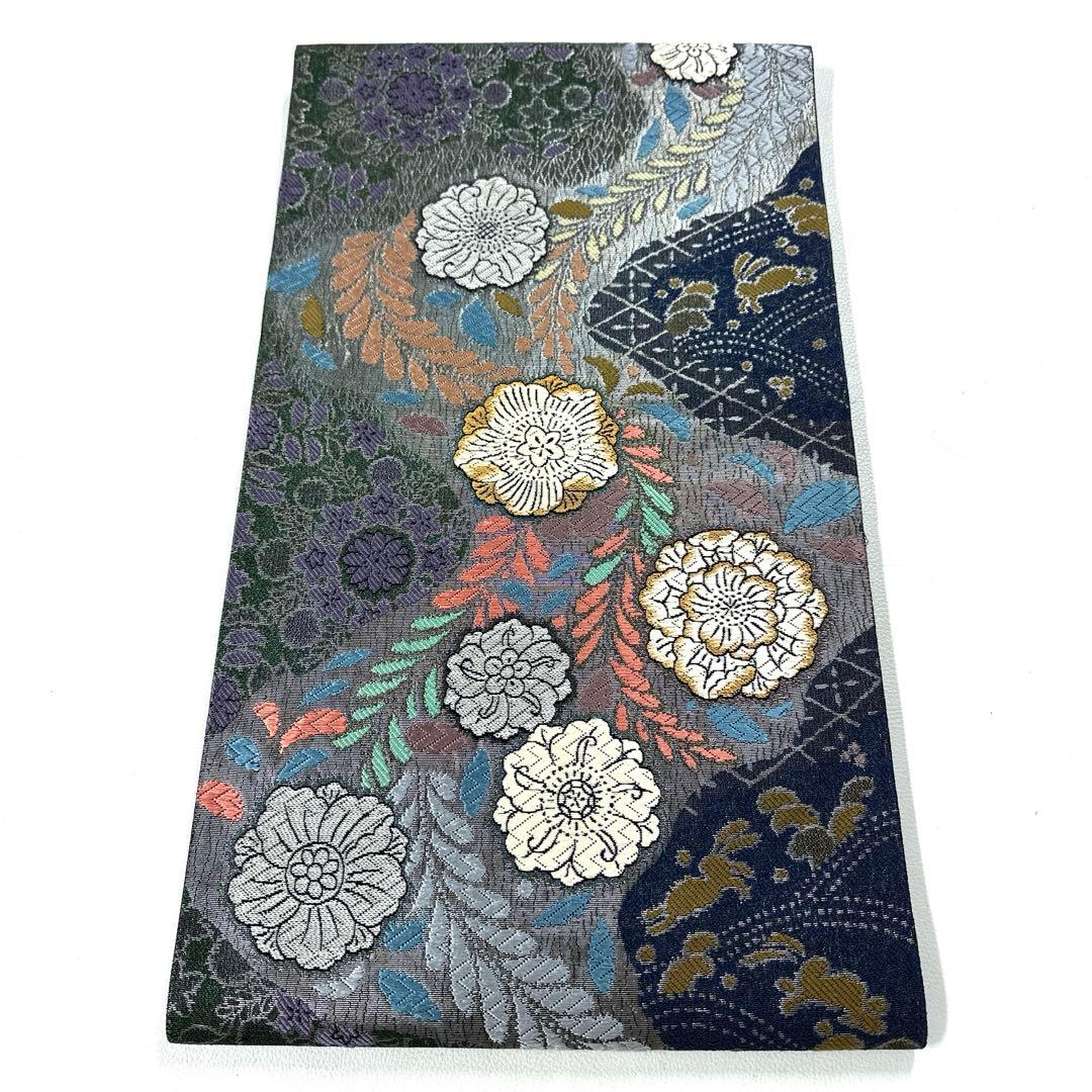 帯6394 ○田村星謹製 高級 正絹 吟遊辻ヶ花龍田川文 六通 袋帯 兎