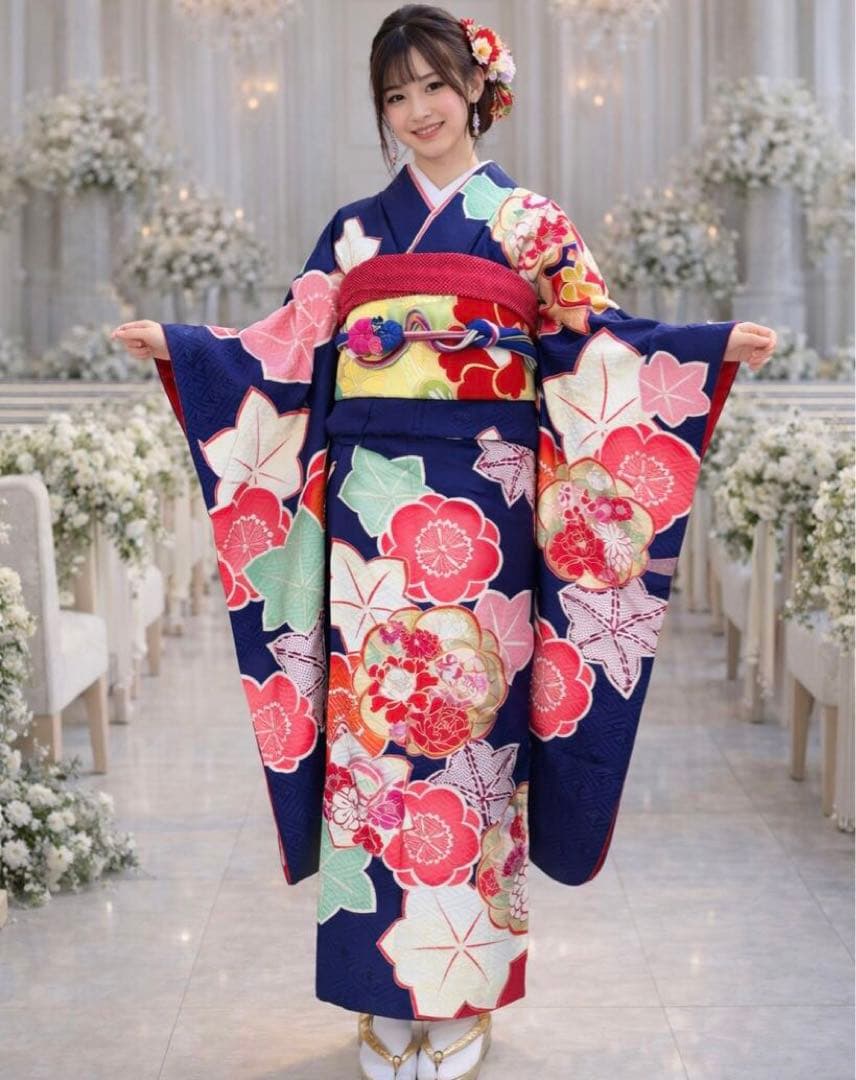 振袖フルセット！素敵なネイビー 森英恵 - メルカリ