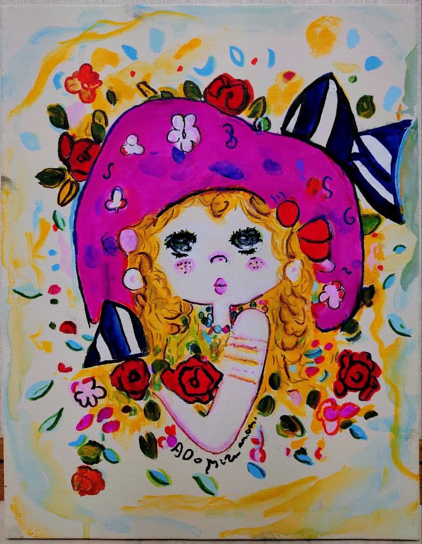 F6号】水森亜土 手描き作品/表裏サイン・裏描き有/油彩/アクリル/額縁