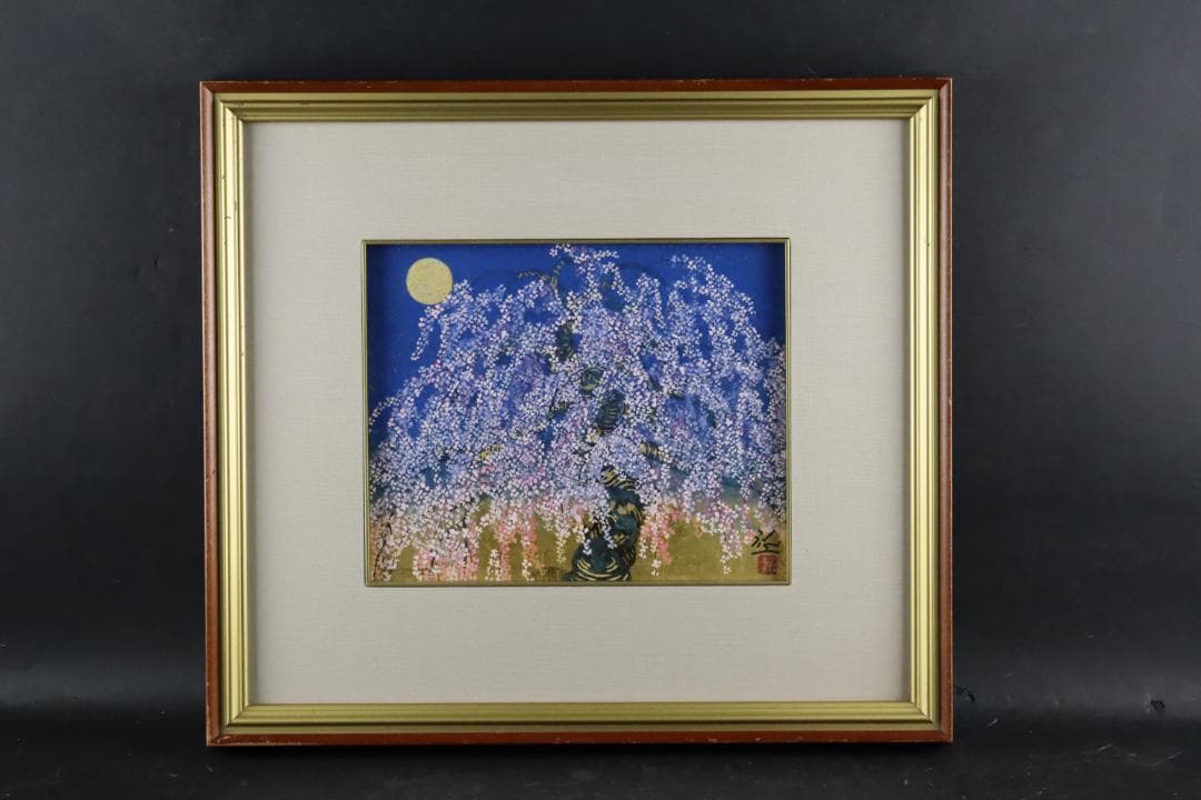 真作保証 平松礼二 「桜月」 日本画3号 共シール タトウ箱付