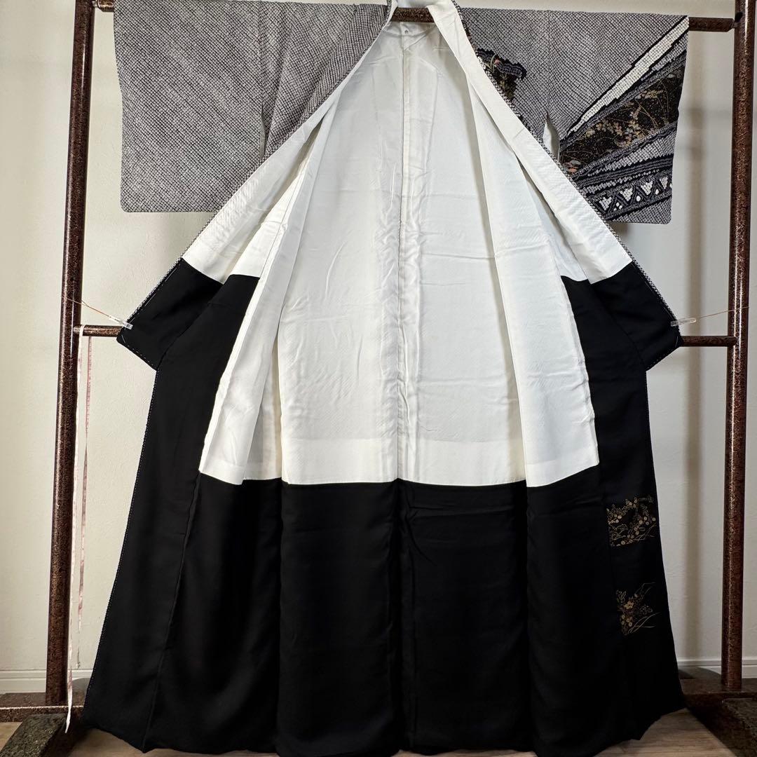 超美品 正絹 袷 訪問着 着物 168裄65 黒 総絞り 刺繍 トール 花柄