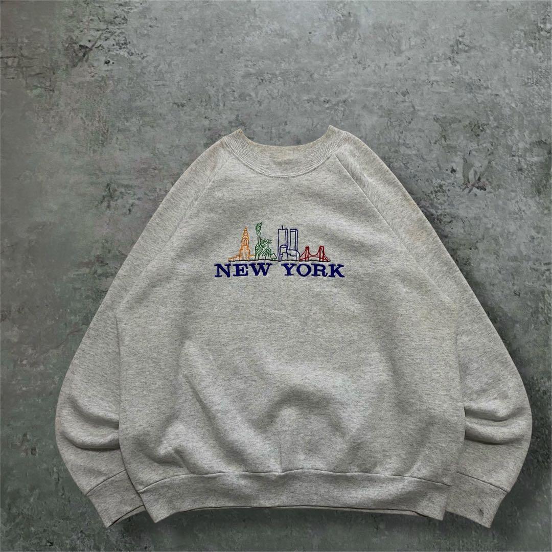 NEW YORK 刺繍ロゴスウェット グレー Lサイズ ラグラン 裏起毛 - メルカリ
