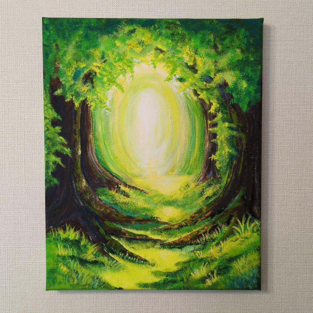 光のトンネル』/ 原画 F3 アクリル画 幻想的な緑の風景画 森の