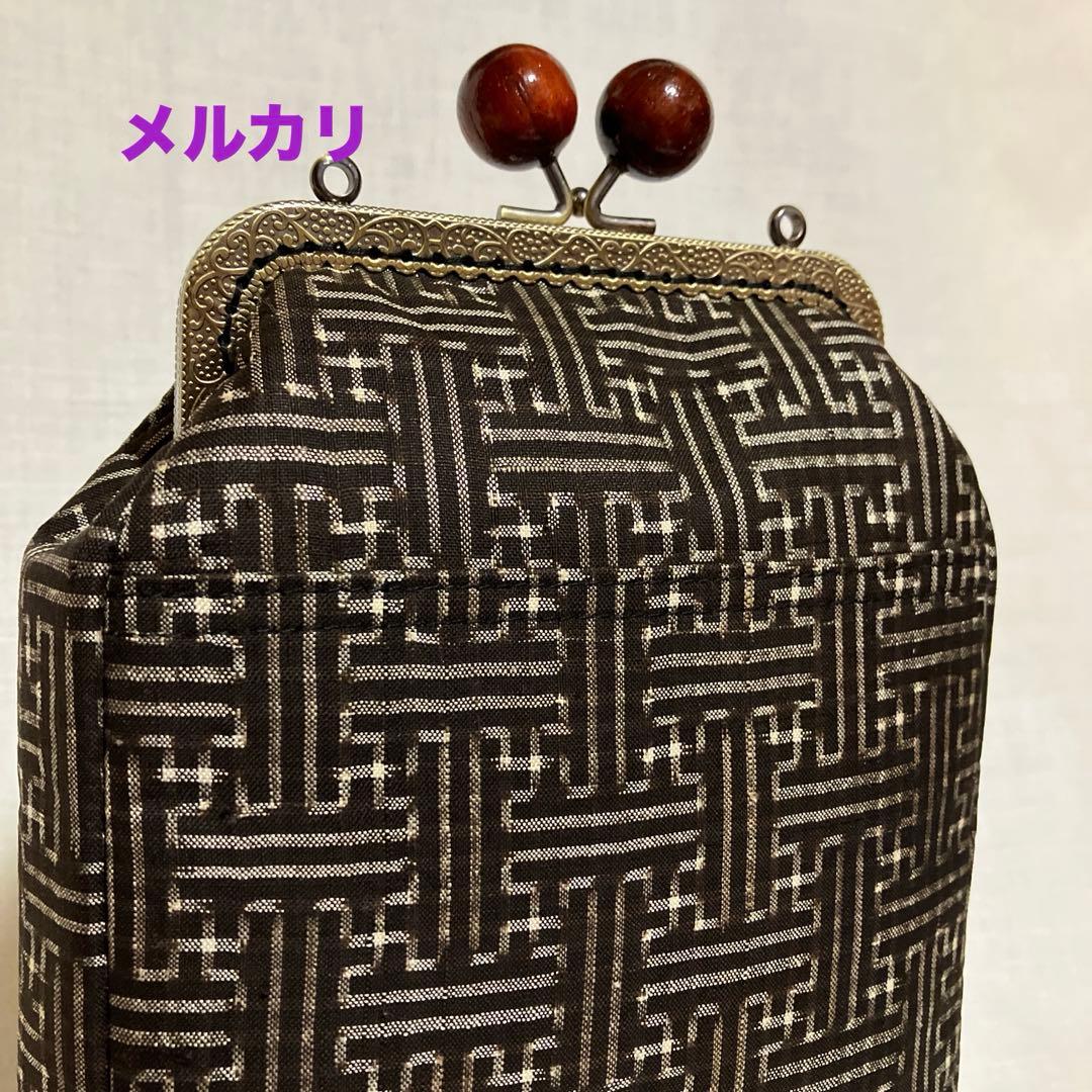 泥大島紬龍郷 秋名バラ8玉 がま口スマホショルダーバッグ