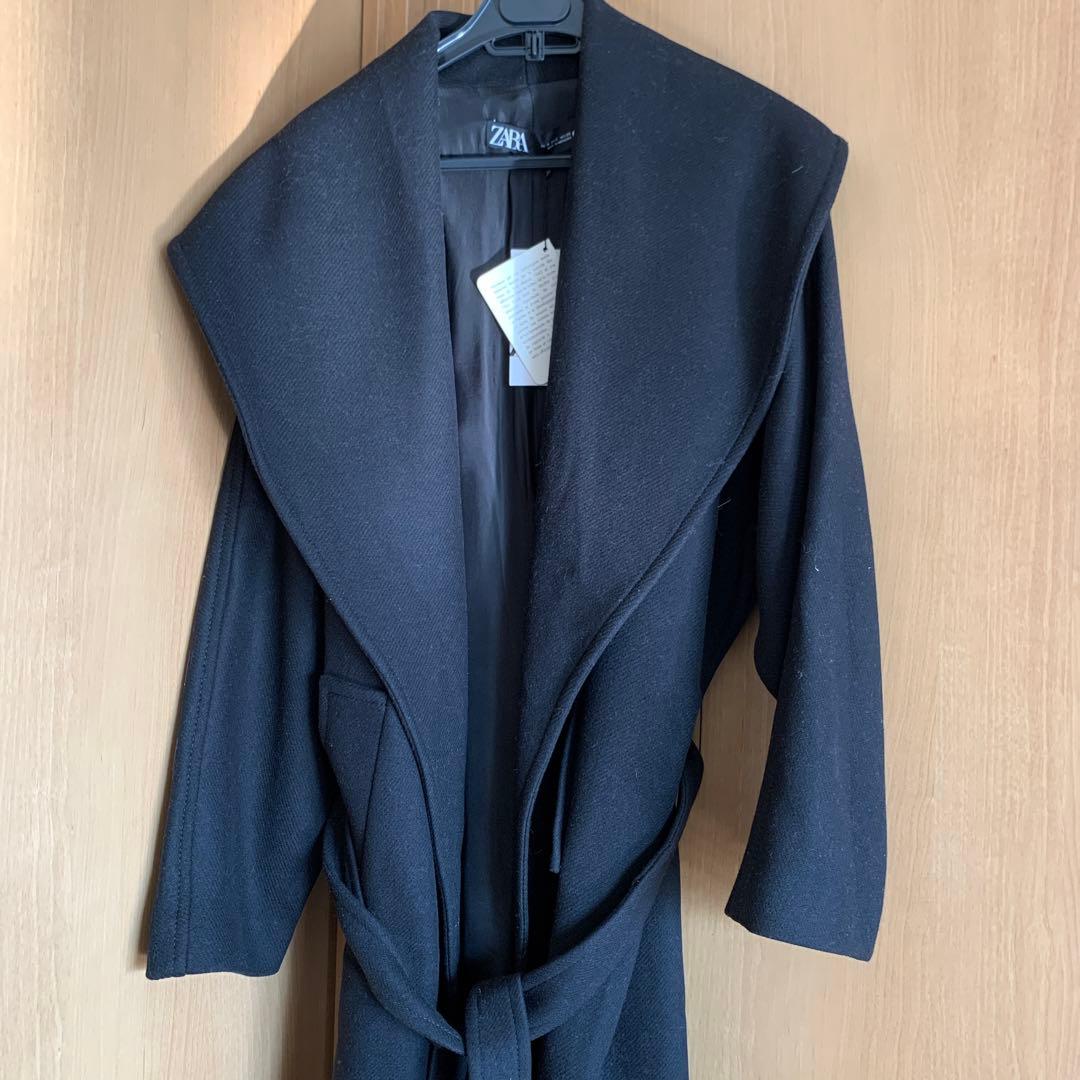 ZARA ザラ ワイドカラー ロングコートMANTECO ブラック - メルカリ