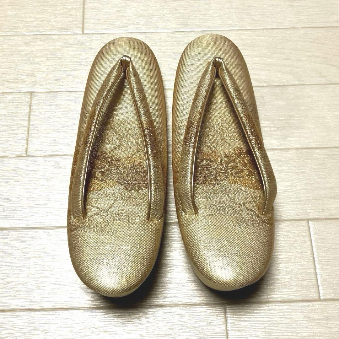 《未使用》佐賀錦　草履バッグセット　東京芝山　正絹　ゴールド　金糸