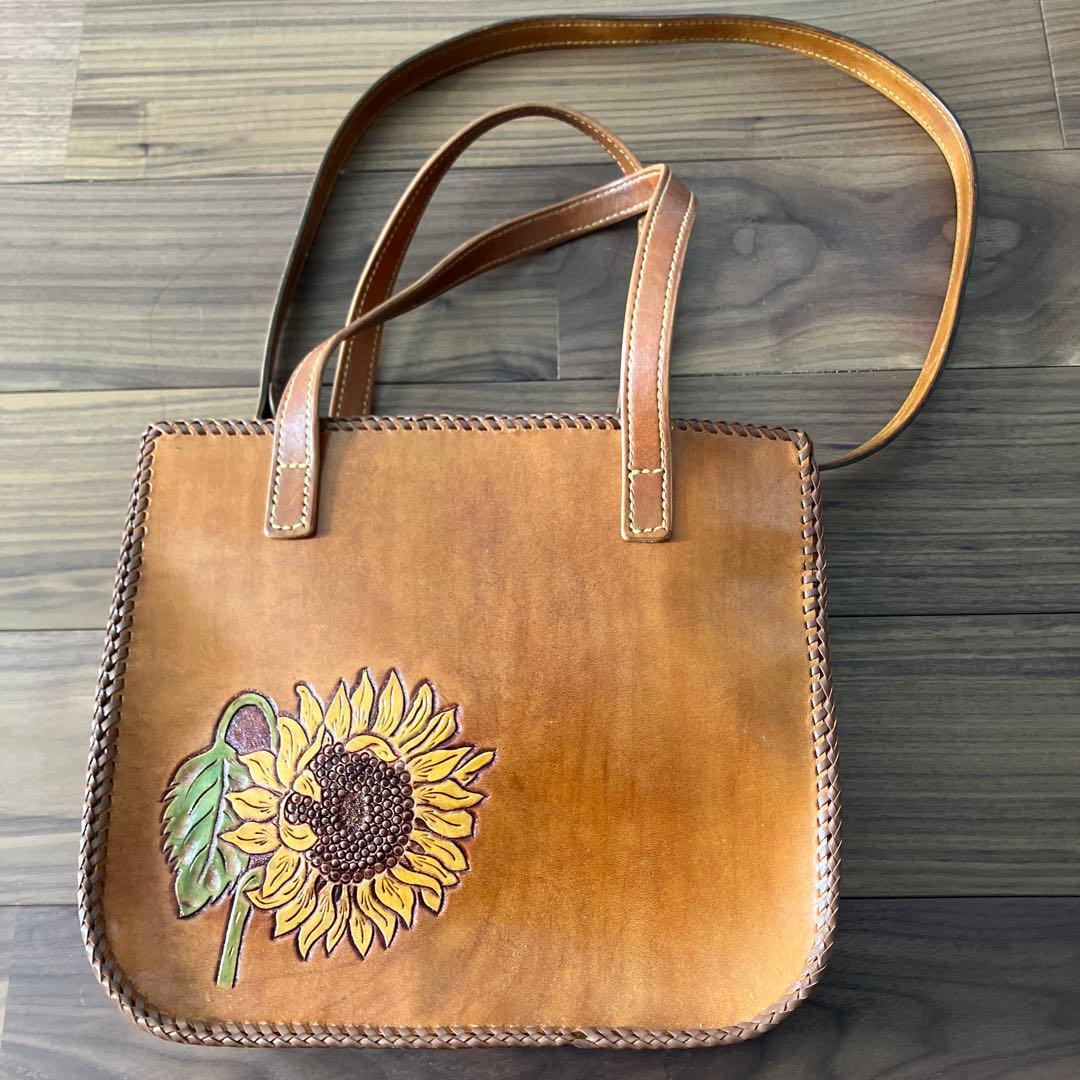ハンドメイド レザークラフト ひまわりカービング ショルダーバッグ