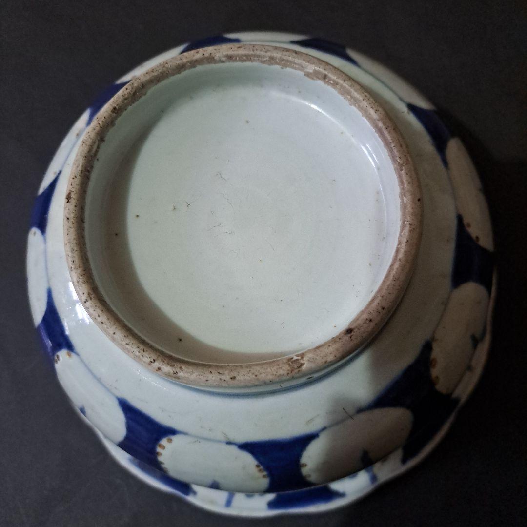 古伊万里 呉須染付青磁 深鉢 輪花赤縁 口太 高台 立割菊花図 江戸後期