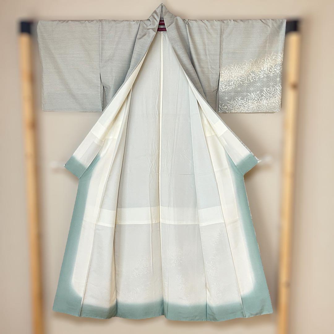 正絹 紬 付下 八掛 合わせ ベージュ 青 緑 光沢 仕立て糸