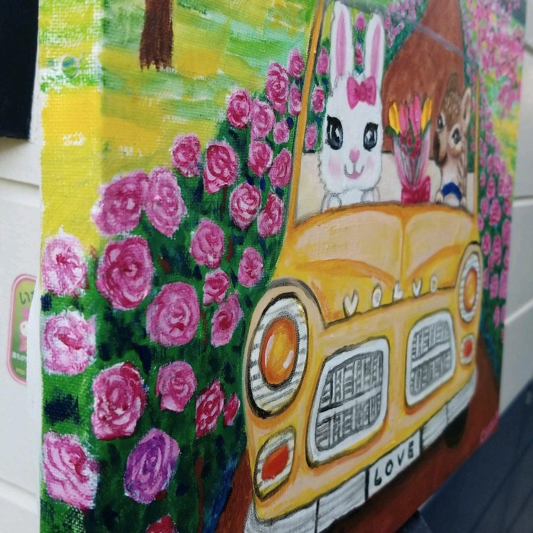 油絵　星野莉莉　ボルボに乗るうり坊とうさぎさんのカップル　バラとさくら