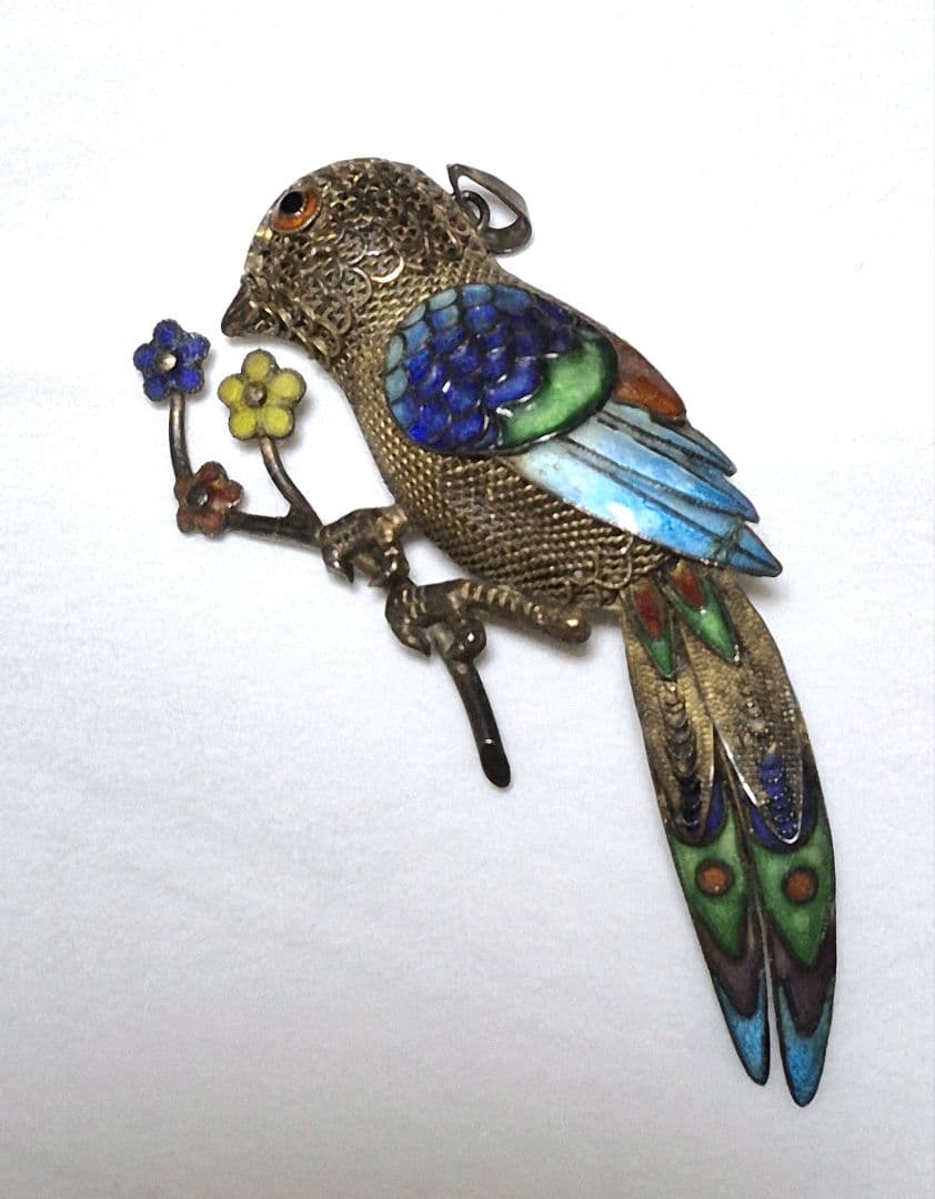 ヴィンテージ 銀線細工 七宝 鳥のブローチ 中国 - メルカリ