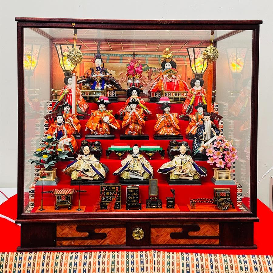お雛様 ガラスケース入り 雛人形十五人 コンパクト 高さ71cm 巾74奥行