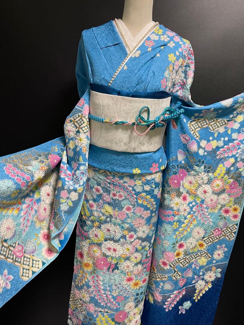 翠山工房・桐屋【特選本手加工友禅絞り振袖◇辻ヶ花】銀通し 水色 青