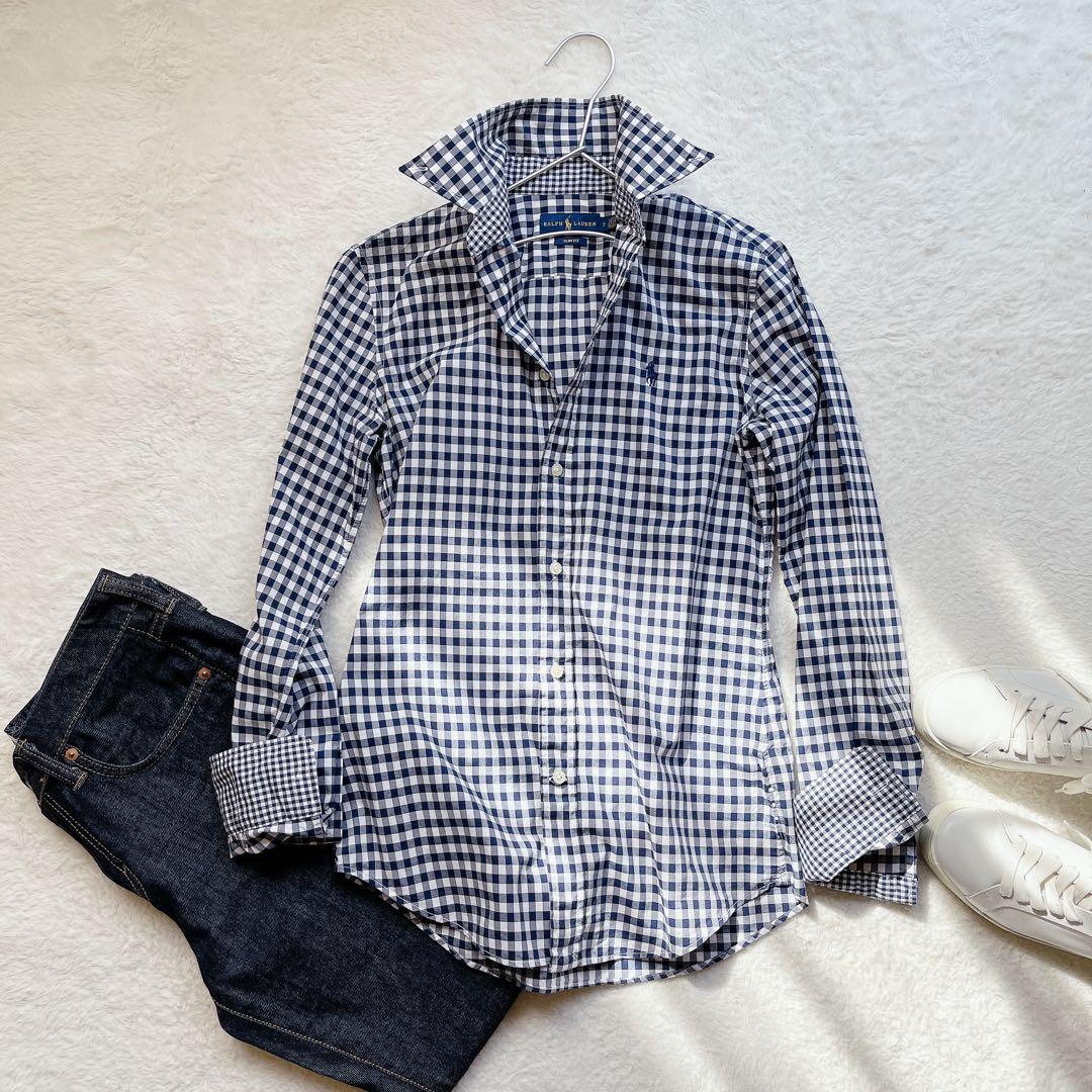 ラルフローレンRalph Lauren ギンガムチェックシャツ ポニー刺繍 紺白