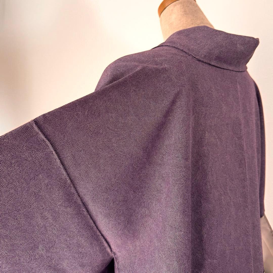 超美品 着物 正絹 袷 小紋 160裄64 江戸小紋 紫 単色 波柄 シンプル
