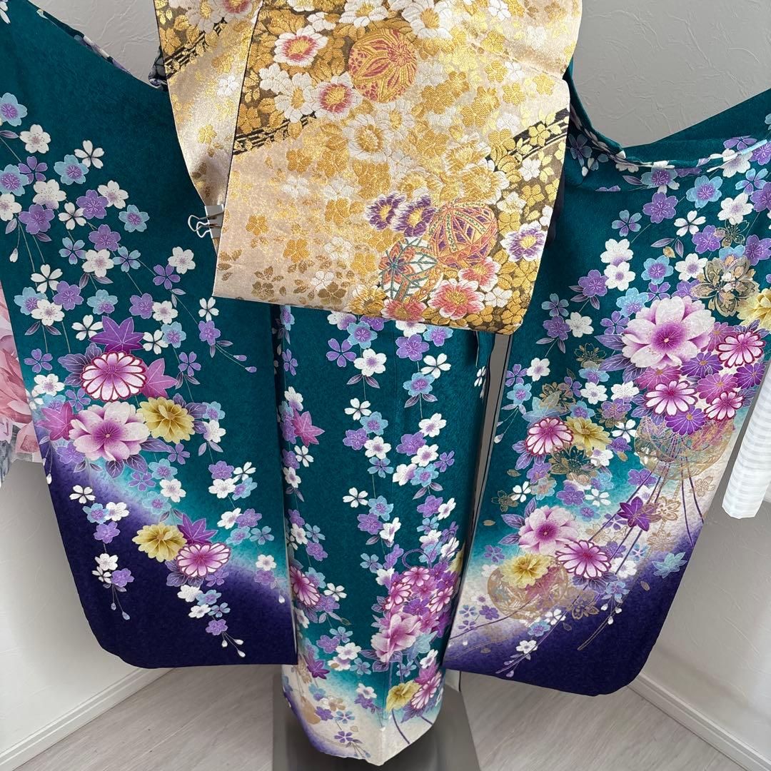 未使用に近い 正絹振袖フルセット ガード加工有り 緑グラデーション