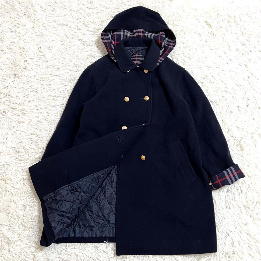 バーバリー フードコート ダブル チェック 金ボタン　 キルティング ネイビーM バーバリー フードコート ダブル チェック 金ボタン キルティング