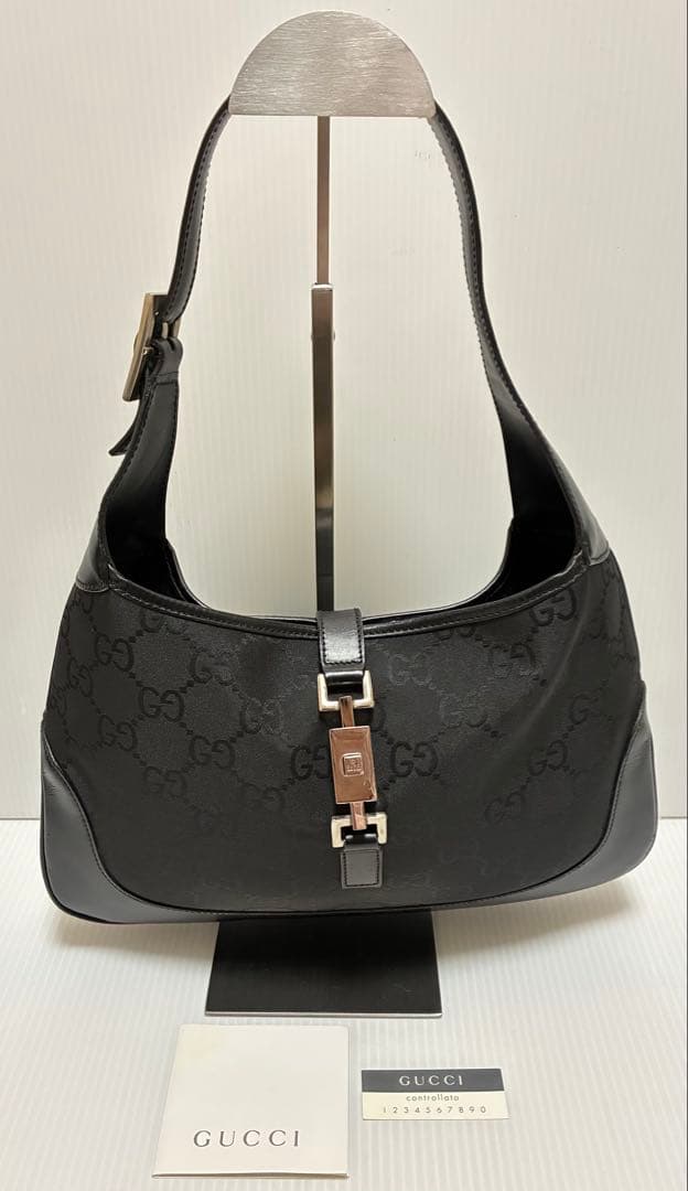 P*e様 グッチ ジャッキー レザー ワンショルダー バッグ 金具 GG 黒 ブ loopinc2019ys_503689