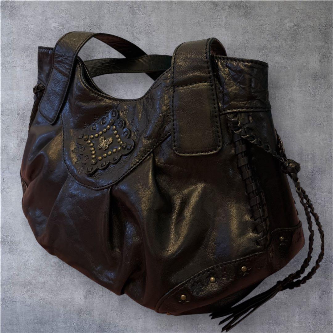 ANNA SUI アナスイ 本革レザー フリンジ スタッズ 蝶 ブラック y2k