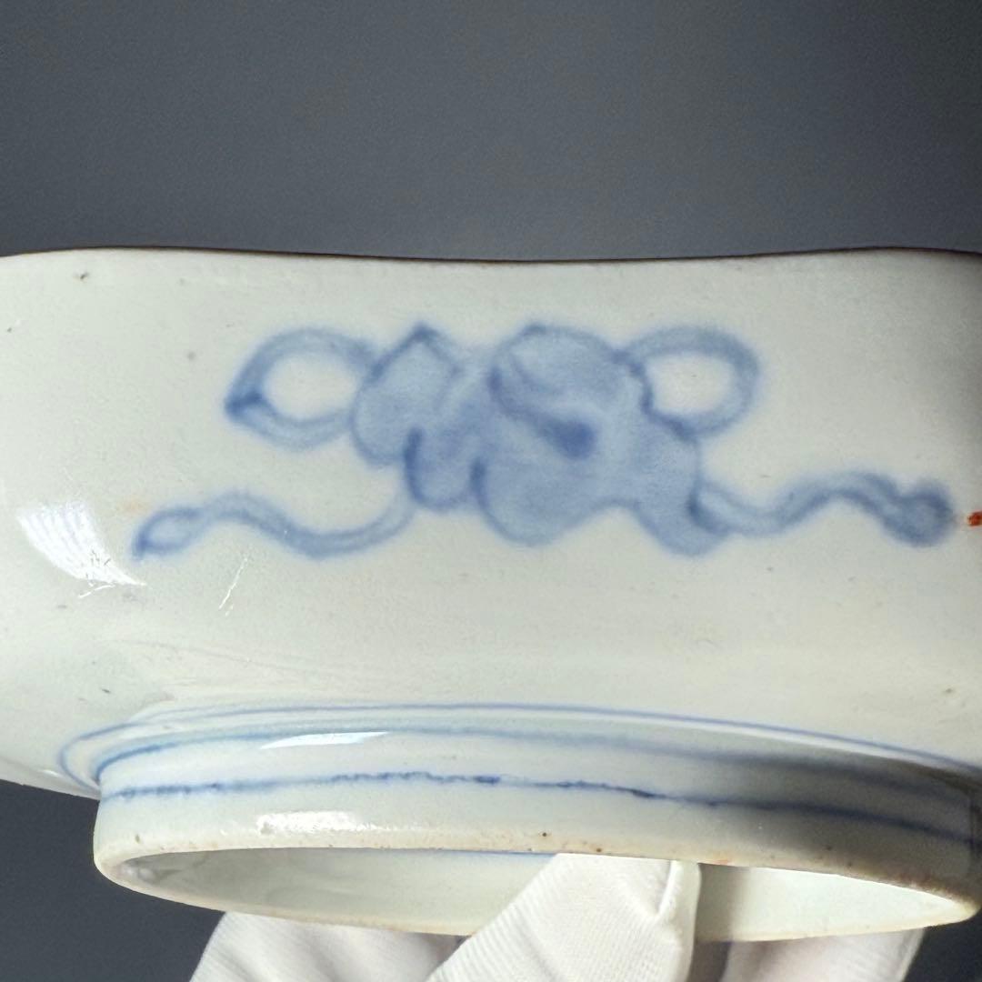 古伊万里 色絵幾何学文木瓜形皿 五客 裏文様有 巻物 宝珠 幕末〜明治期