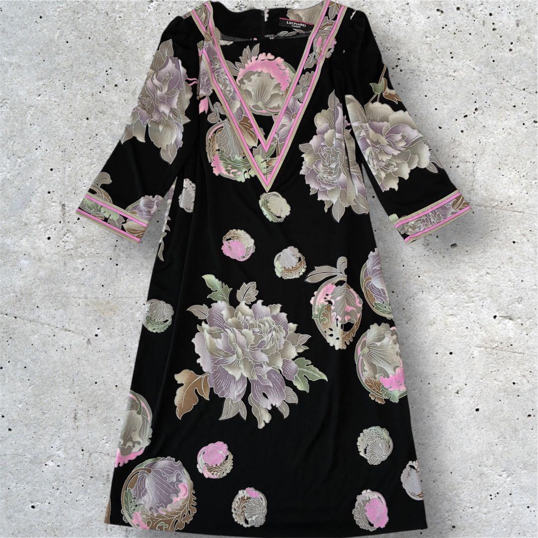 LEONARD レオナール カンカン ストレッチ 花柄 ワンピース 42サイズ