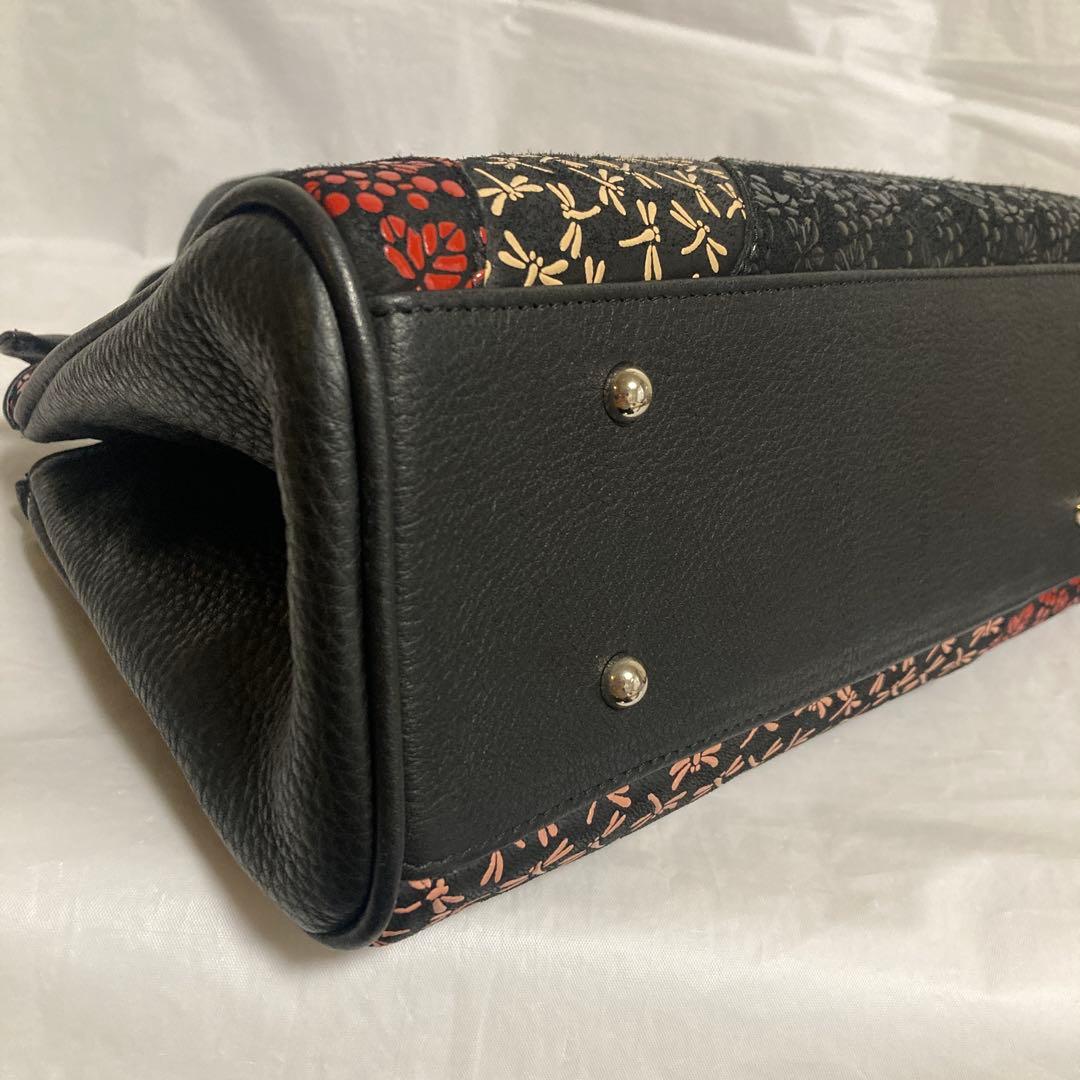 希少 印傳屋 ハンドバッグ JRA認定 鹿革 パッチワーク繋ぎ葡萄トンボ柄