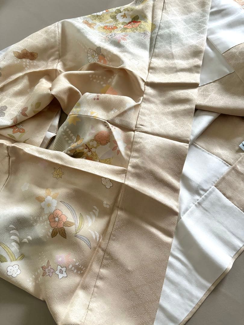 正絹 四季古典柄 友禅染 袷 訪問着 淡オレンジベージュ(和色:肌色) 未