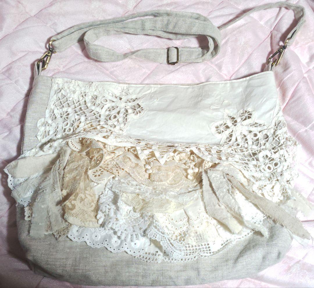 新品未使用 ハンドメイド作家様作 アンティークレース フリル ショルダーバッグ ラッフルフリルのフリルバッグ バケツバッグ フリルショルダー