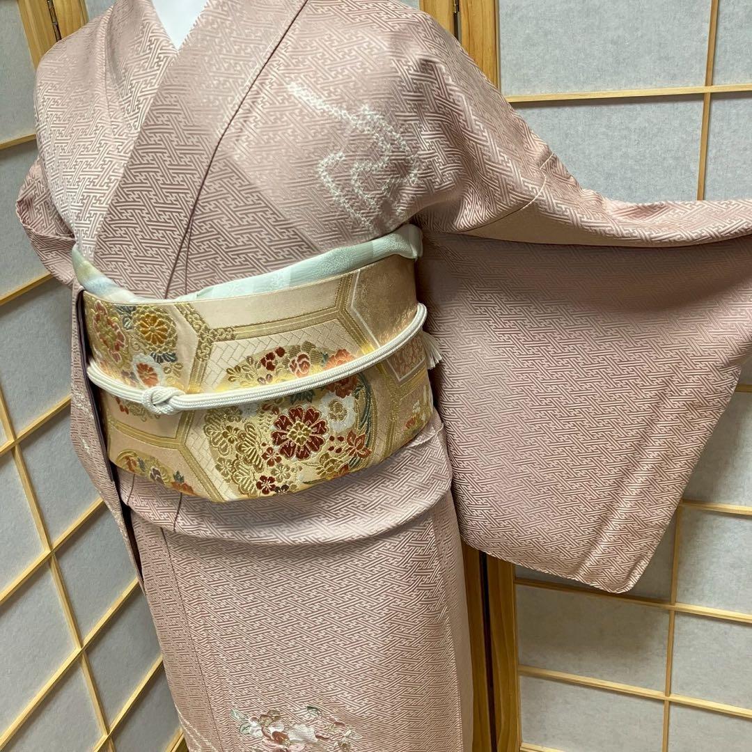 7160］訪問着 美品 花流水文様 絞り 刺繍 幅広サイズ 正絹 着物 袷