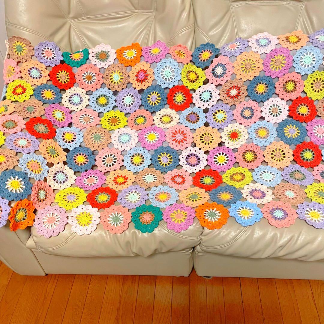 大判75cm×140cm】春色お花のモチーフ編み♡マルチカバー♡ブランケット
