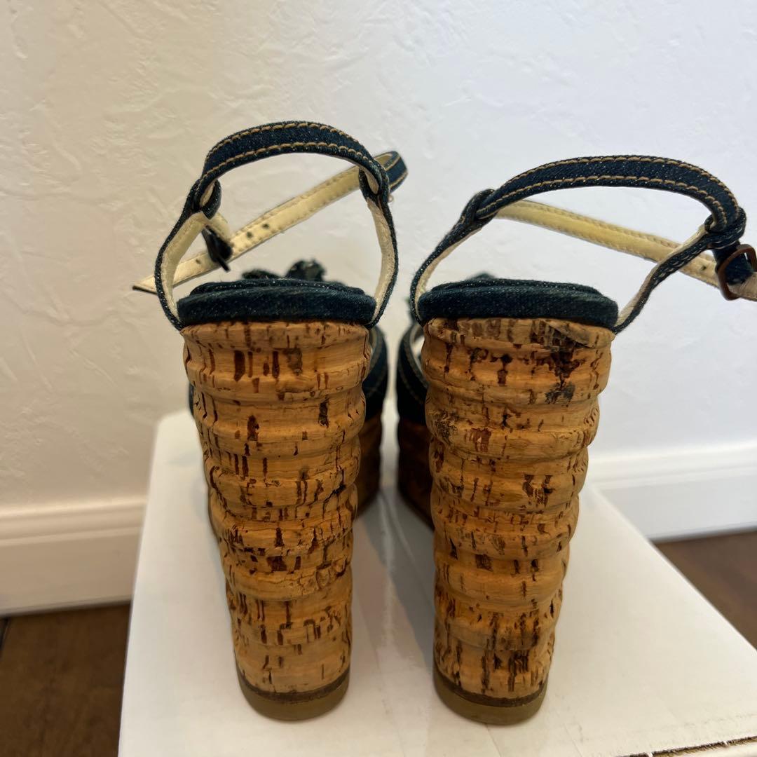 シャネル カメリア デニム ウェッジソール サンダル ヒール 22.5cm