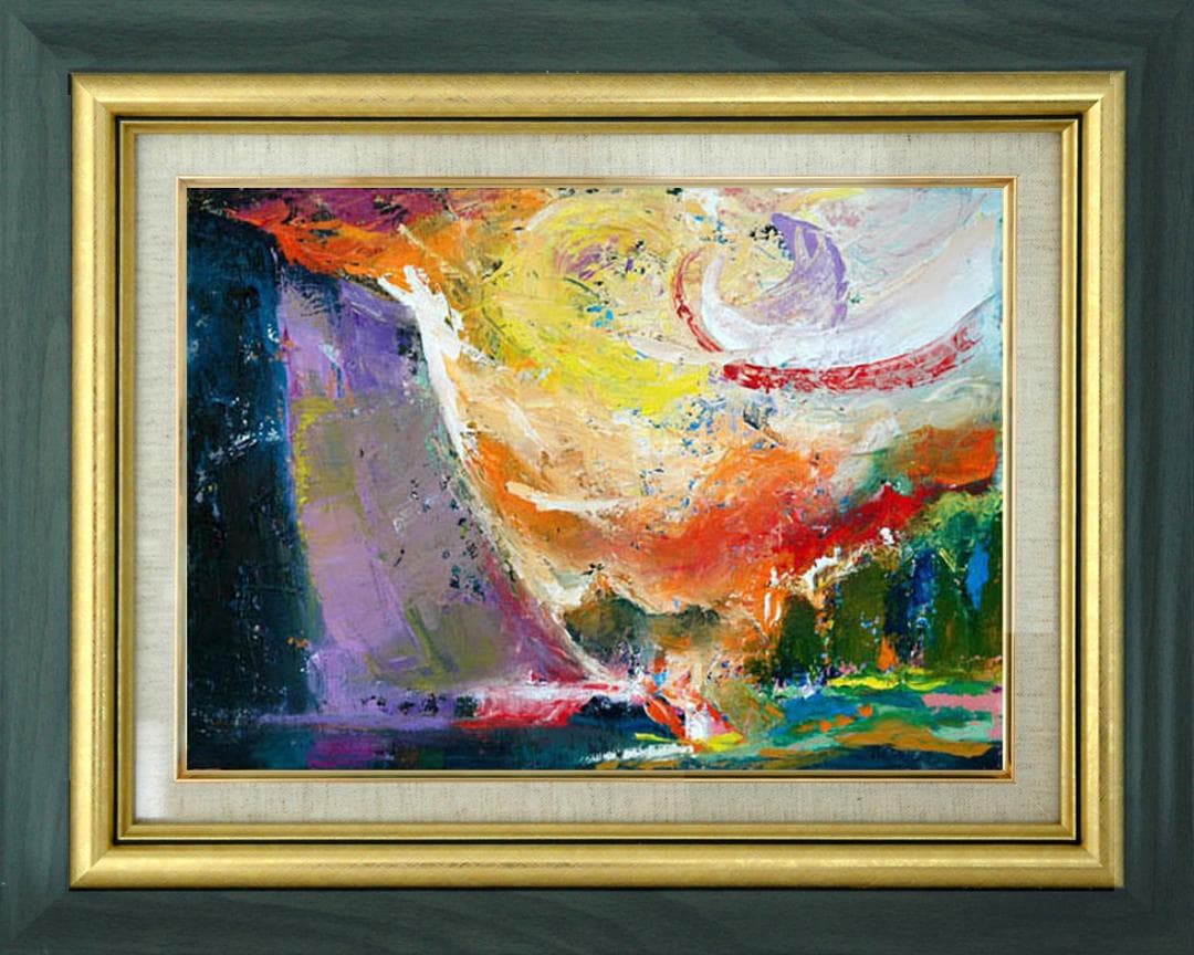 油絵 菅家令子絵画インテリア額付( 青緑＋金色の枠 )uF6-111309風景陽 油絵 菅家令子 絵 絵画インテリア額付(青緑＋金色の枠) F4-071012女性