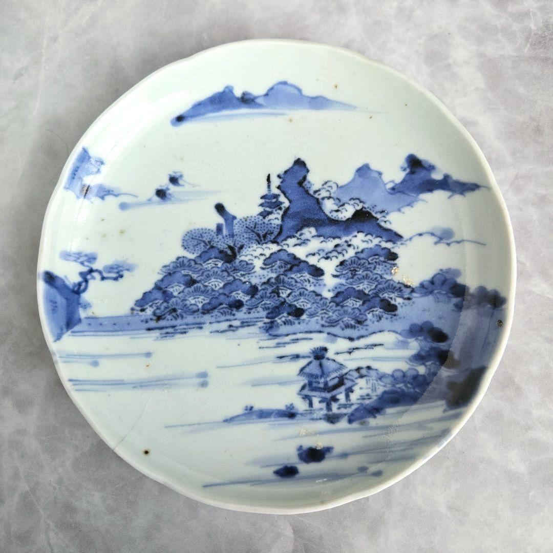 古伊万里　染付　古印判　六寸皿　江戸時代　型紙摺印判　金直し　金継ぎ　骨董 金継ぎ用に◇伊万里・瀬戸焼 染付・印判膾皿4客セット 骨董・antiques