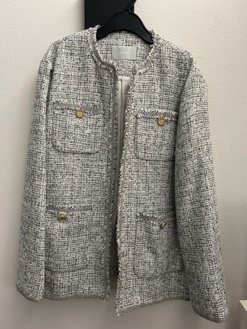 ノーカラージャケット ホワイト系 ツイード風