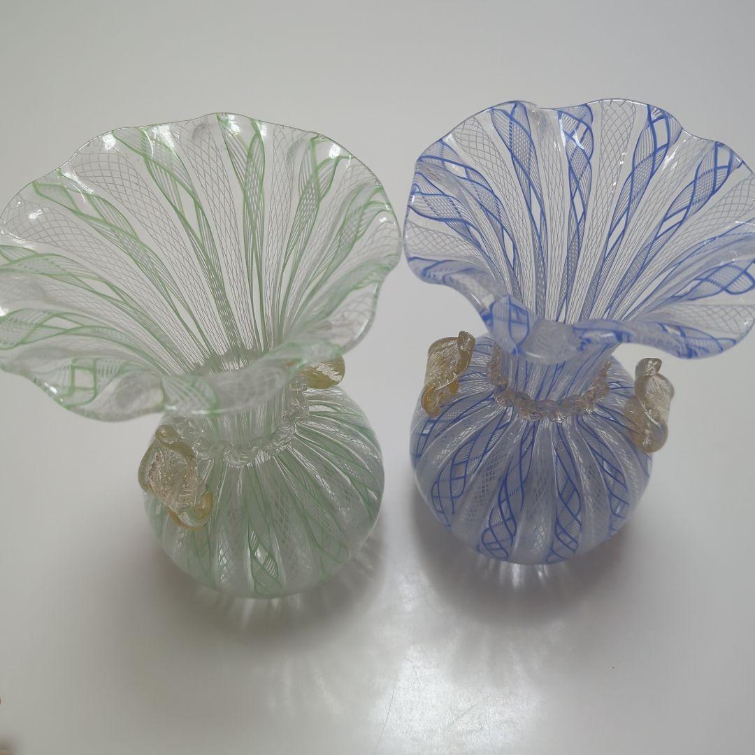 ガラス製花瓶 緑と青のストライプ　ベネチア製 ガラス製花瓶 緑と青のストライプ ベネチア製 ガラス製花瓶 緑と青の