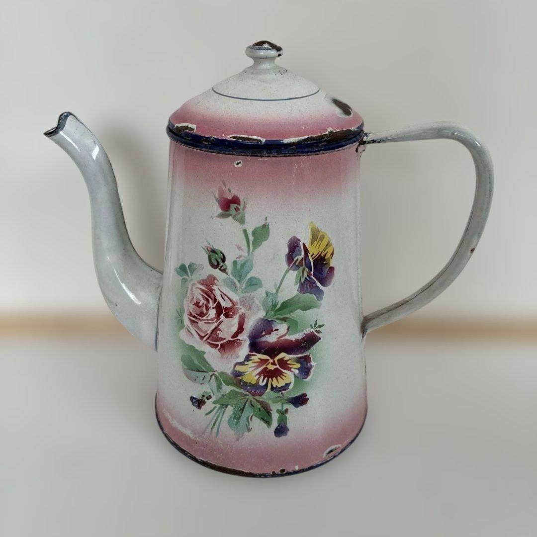 フランス アンティーク ホーロー ポット JAPY ピンク 薔薇とパンジー