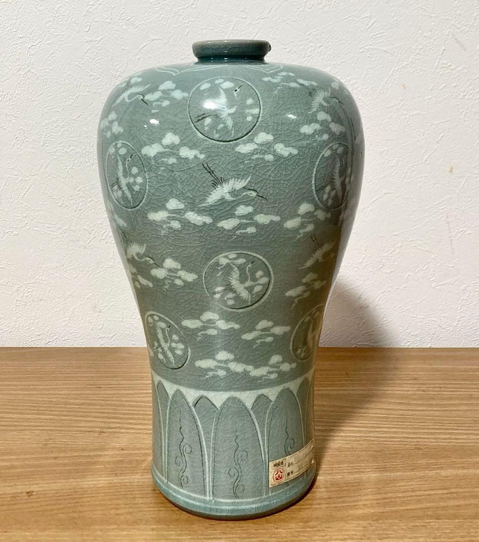 高麗青磁 象嵌 雲鶴紋 梅瓶 29cm 花瓶 壺 美品 - メルカリ