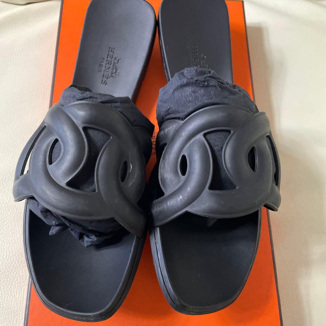 HERMESエルメスラバーサンダルアロハ36 ビーチサンダル黒