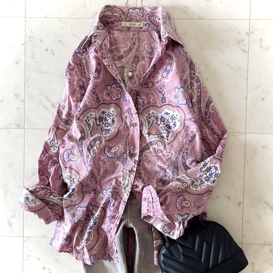 美品 エトロ ペイズリー柄 長袖シャツ 洗える 42 ピンク イタリア製 L