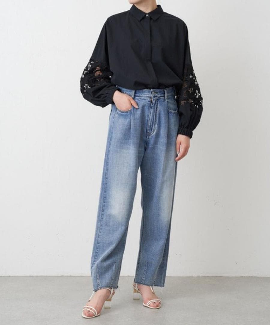 BEARDSLEY ビアズリー 袖レースシャツ ブラック ブラウス 洗える 長袖