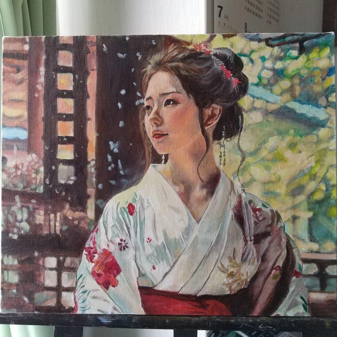 女性の肖像 油彩画 着物 8号 F8 油絵 人物画#2 - メルカリ