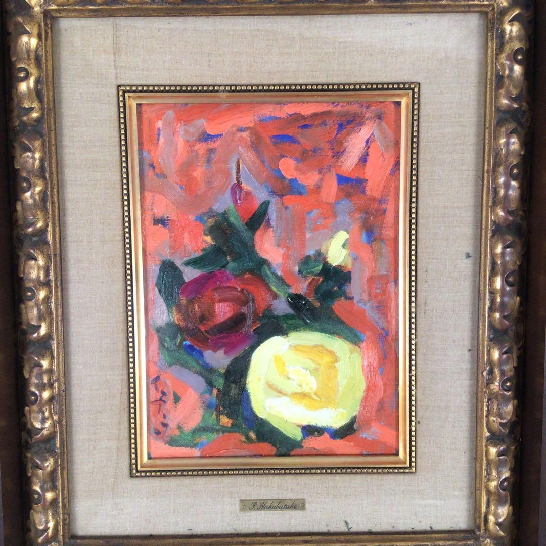 No3474 額装 中畠一宇 油彩画 「バラ」5号 直筆サイン 裏書有 送料無料