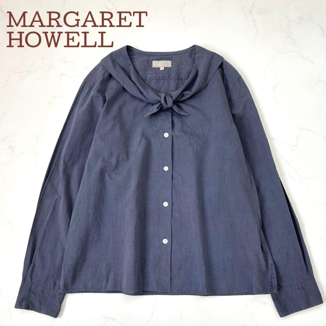 マーガレットハウエル ネッカチーフカラー コットンシャツ 長袖 L 日本製 マーガレットハウエル ネッカチーフカラー コットンシャツ 長袖 L 日本