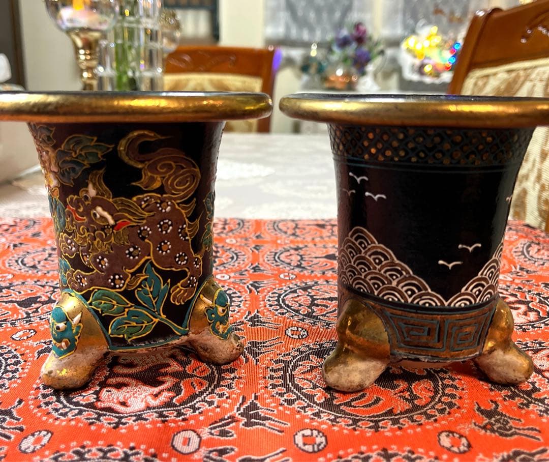 専用！ ー万年青鉢ー 龍山作獅子図 波千鳥 3.8号 京楽焼 蘭鉢 2点