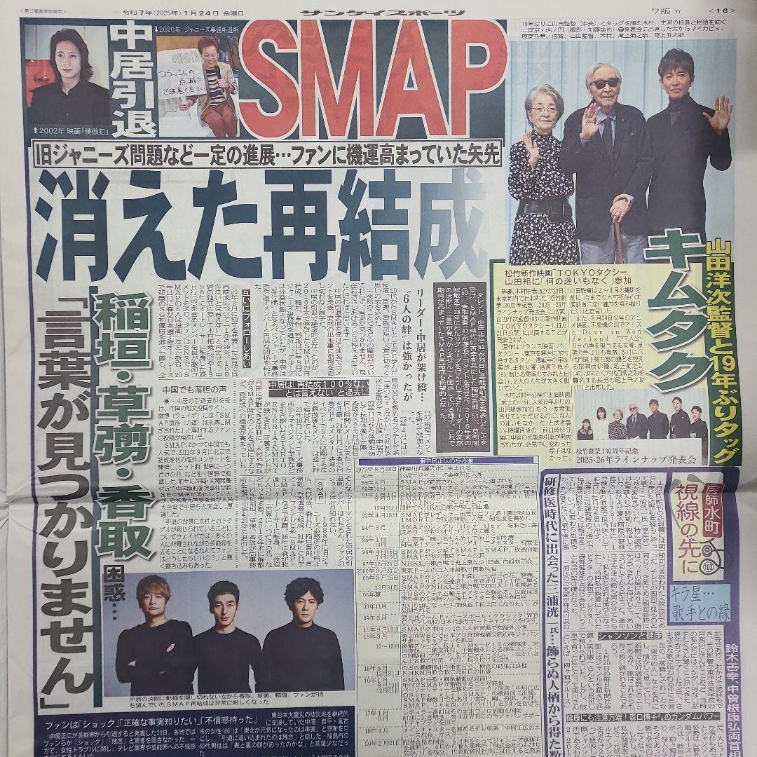 1月24日 朝刊 中居正広 こんなお別れでごめんなさい スポーツ紙全6社