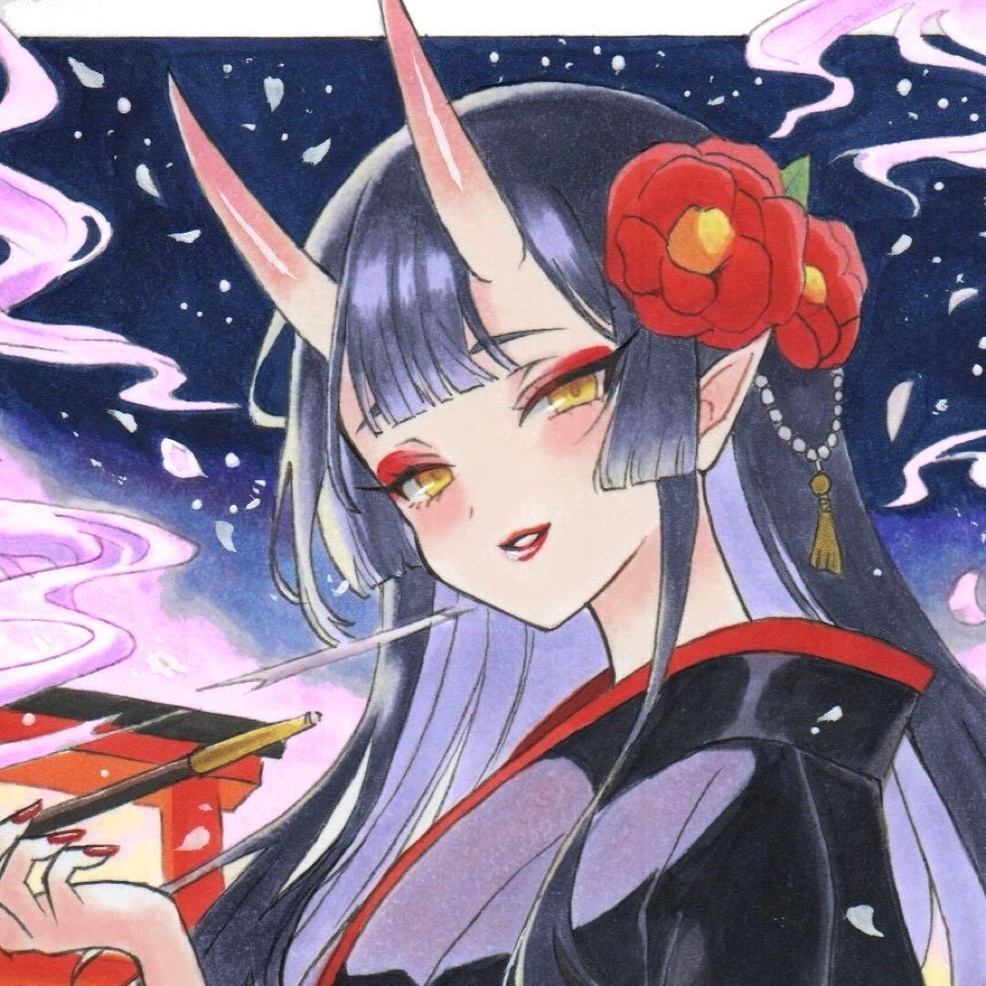 m*n様 手描きイラスト.オリジナル.鬼姫.和服.小色紙 - メルカリ